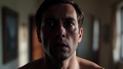 man walking slowly indoors with frightened expression and wide open eyes tense jaw cinematic medium close-up scene concept of fear awareness and mental health