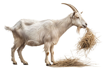 Fototapeta premium Ultra realistic goat eating hay, full body or medium shot, natural standing pose, goat chewing dry hay, realistic fur texture and horns, calm neutral expression, natural proportions, soft studio light