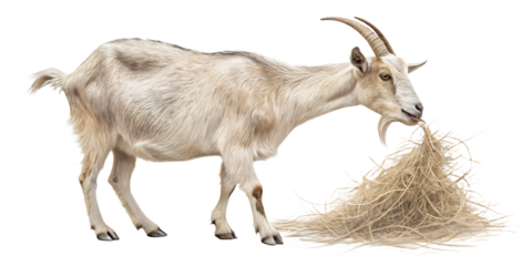 Ultra realistic goat eating hay, full body or medium shot, natural standing pose, goat chewing dry hay, realistic fur texture and horns, calm neutral expression, natural proportions, soft studio light