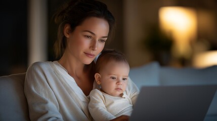 Working from home scene with a mother holding her baby and typing on a laptop, capturing multitasking, flexibility, exhaustion, and modern parenting reality. cinematic color correction, natural