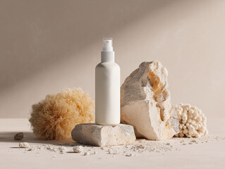 Minimalist white spray bottle surrounded by natural rocks and decor  
