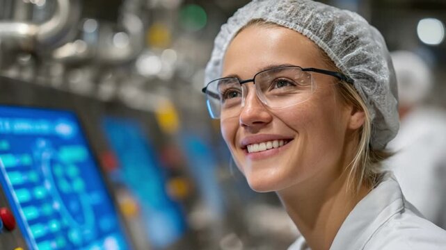 Young female dairy operator smiling while monitoring milk flow on control screen, standing near pasteurizer with safety goggles