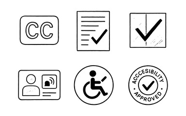 Accessibility and compliance icons: checkmarks, disability symbols, and certification stamps