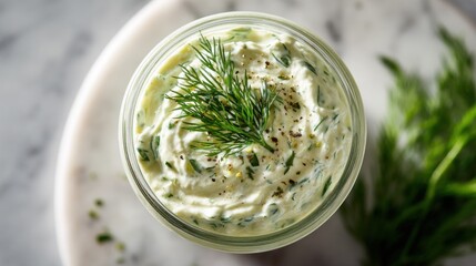 Close-up of a small glass container filled with Greek yogurt dip and cut vegetables, topped with fresh dill. The jar sits on a light marble surface