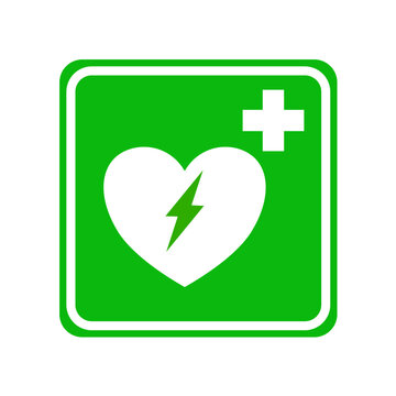 Automated external defibrillator sign, AED green heart with lightning bolt and cross, medical emergency, pictogram, vector illustration