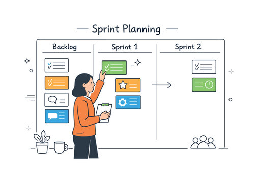 Sprint Backlog Organization. Sprint backlog planning. A product owner arranging backlog items into sprint columns on a clean board. Thoughtful prioritization,