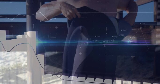 Animation of digital data processing over caucasian surfer