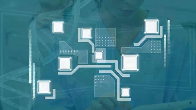 Animation of integrated circuit over caucasian female lab worker with tablet
