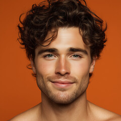 Young man smiling with curly hair against vibrant orange background  