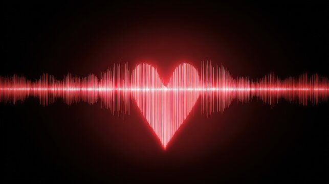 A visualization shows a sound wave presented in a stylized manner. Its peaks and valleys form a heart shape, radiating a vibrant red glow