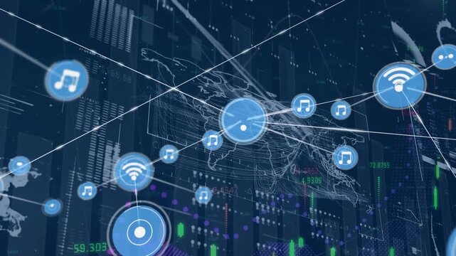 Animation of wireless network, music icons connecting with lines against world map