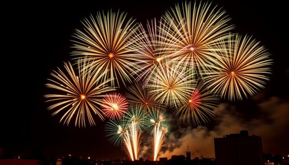 Colorful fireworks exploding in dark night sky over city buildings. Celebration event for New Year, Independence Day, festival background.