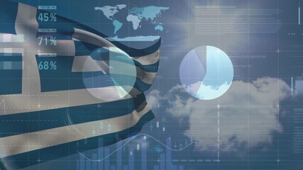 Animation of data processing over flag of greece on digital interface and globe - Powered by Adobe