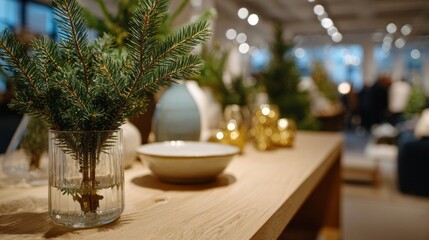 Spruce sprigs in glass jar exude winter solstice warmth, invoking Hygge coziness, and Festivus whimsy against glowing backdrop