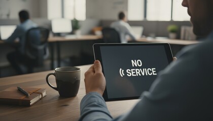 Businessman in modern office holds tablet showing no service, highlighting connectivity outage, network error and frustration while troubleshooting internet and wireless access issues