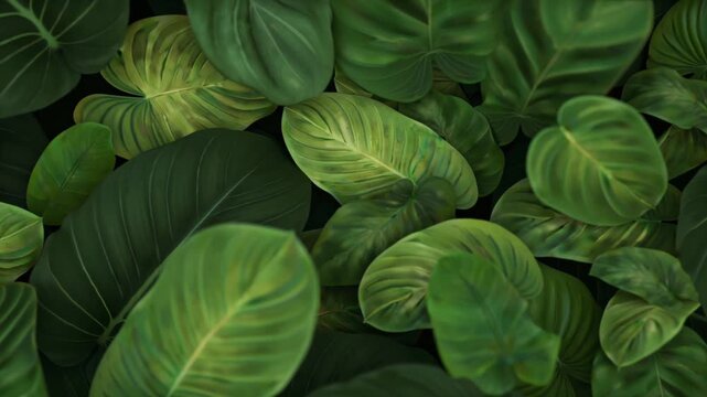 UHD 4K cinematic full-frame video lush green leaves pattern, seamless foliage background, various tropical temperate leaves, macro texture details swaying motion breeze, natural light filtering leaves