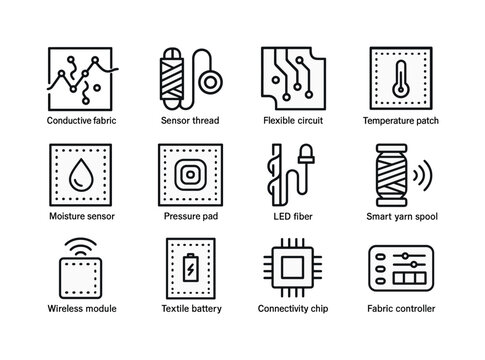 Smart Textile Icons. Smart textiles. Line icon set of smart textiles: conductive fabric, sensor thread, flexible circuit, temperature patch, moisture sensor,