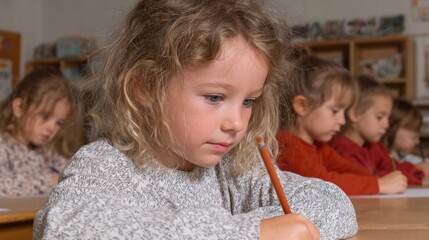Little girl with tousled curls, deep concentration, classroom kaleidoscope, World Children's Day, playful learning odyssey, imaginative