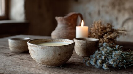 Fototapeta premium Ceramic bowls hold creamy concoctions on rustic table, exuding Samhain tranquility with vintage charm and herbal whispers