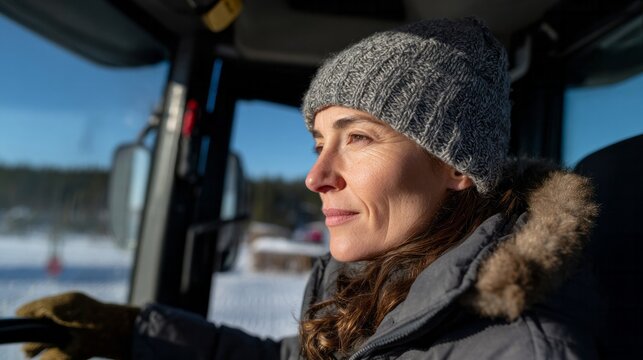 A determined Caucasian woman in a snowplow, embracing Solstice tranquility, channels Winterlude spirit amid frosty brilliance