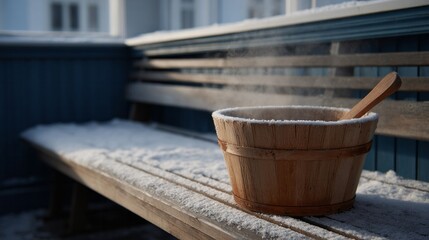 Steaming wooden bucket on frosty sauna bench, invoking Scandinavian Yuletide rituals and winter solstice warmth, cozy Nordic tranquility