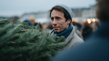 Serene Caucasian man with woolen cap cradles evergreen, embracing Yule traditions amid bustling winter solstice market bazaar