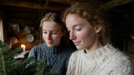 Two Caucasian women in rustic sweaters ponder pine branches, evoking Yule traditions and hygge-infused wintry coziness