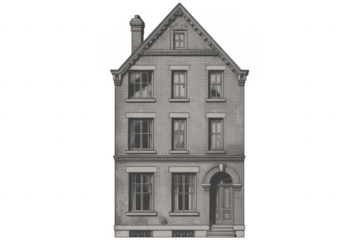 Gray brick house with triangular roof chimney windows isolated on a transparent background