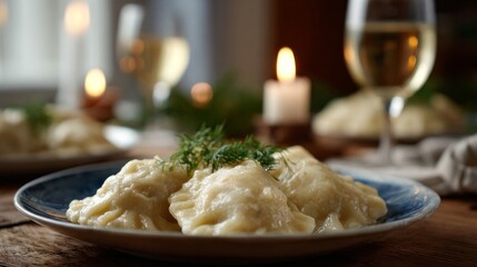Succulent pierogi nestled under candlelight convey Slavic warmth, perfect for Hanukkah or a cozy winter gathering