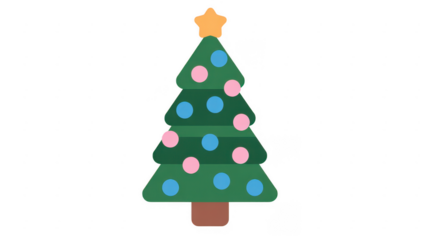 Cartoon Christmas tree with pink and blue ornaments isolated on a transparent background