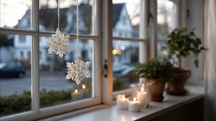 Snowflake ornaments dangle in twilight beside flickering votives, evoking hygge vibes and evanescent Winter Solstice whispers