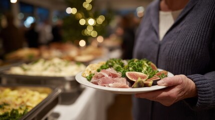 Obraz premium A cozy dining scene with Caucasian woman holding festive platter of figs and ham, evoking Christmas Revels or Cabbage Night