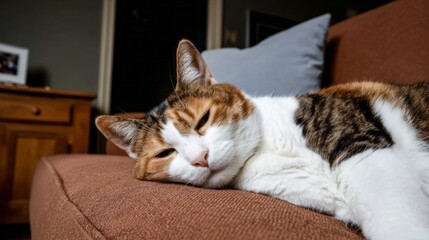 Sleeping tabby cat nestled on a cozy couch, embodying Caturday bliss, cozy Hygge vibes, feline nap festival