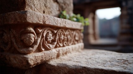 Ancient sandstone carvings whisper echoing tales, juxtaposed with tender greenery, conjuring Earth Day's embrace and Archaeology Appreciation Month