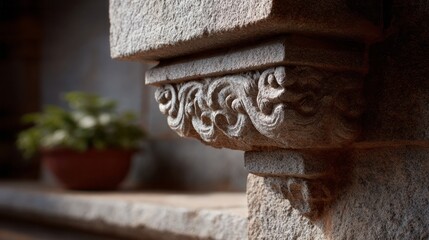 Intricate stone corbel adorned with mystical carvings, echoing ancient Solstice rituals and the serene aura of Hanami blossoms