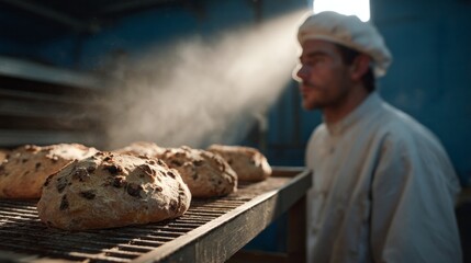 Steam drifts like a specter around freshly baked loaves, as a tranquil Caucasian male baker, enveloped in flour-dusted reverie, contemplates the sensory symphony of Lammas Day and Paczki Day
