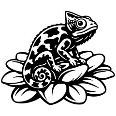Fototapeta premium Chameleon sitting on a flower vector line art, black and white illustration for engrave and prints