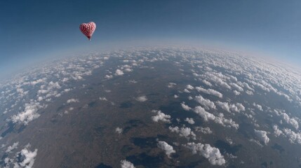 Floating heart-shaped balloon above Earth's curve, whimsical romance for Love a Tree Day, cosmic ethereal journey unfolds