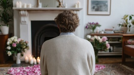 Seated in quiet reflection before a petal-strewn hearth, a Caucasian man embraces Hygge serenity, amidst Pajama Day