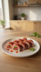 Sculpted sushi rolls glisten with ruby sauce, echoing Hinamatsuri celebrations, invoking umami dreams in serene minimalist kitchen