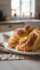 Golden braided bread basking in morning light, whispers of cinnamon and cardamom, evoking Lughnasadh harmony and cozy hygge