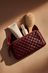 Skincare products in burgundy cosmetic bag on beige background  