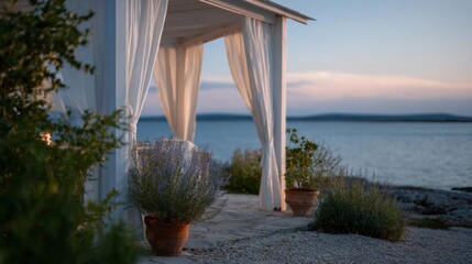Serene coastal gazebo with billowing white curtains, perfect for midsummer meditation or a coastal Lughnasadh celebration
