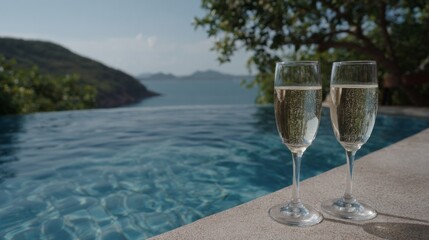 Two effervescent champagne flutes, glistening poolside tranquility, epitomizing sunlit escapades and Midsummer revelry under azure heavens