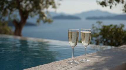 Elegant champagne flutes by azure pool, whispering of escapades, clinking dreams, perfect for Global Champagne Day or La Tomatina