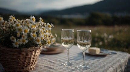 Two crystal glasses glisten beside a wicker basket of daisies, capturing a serene midsummer retreat and Lammas festivity