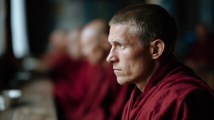 A contemplative Western male monk enveloped in burgundy robes, illustrating International Day of Peace with zenful whispers of mindfulness