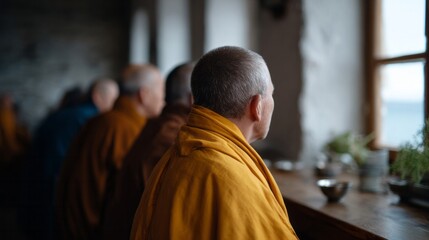 Monks in meditative amber robes, deep contemplation at tranquil dawn, Vesak celebrations, enlightenment whispers in serene sanctuary