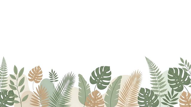Tropical leaves border with monstera, palm fronds and ferns in earthy tones on white background for botanical designs and nature-themed projects.