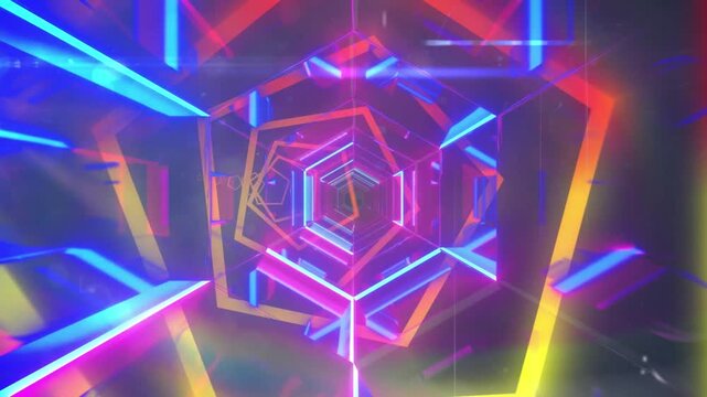 Animation of moving network of connections over neon hexagons